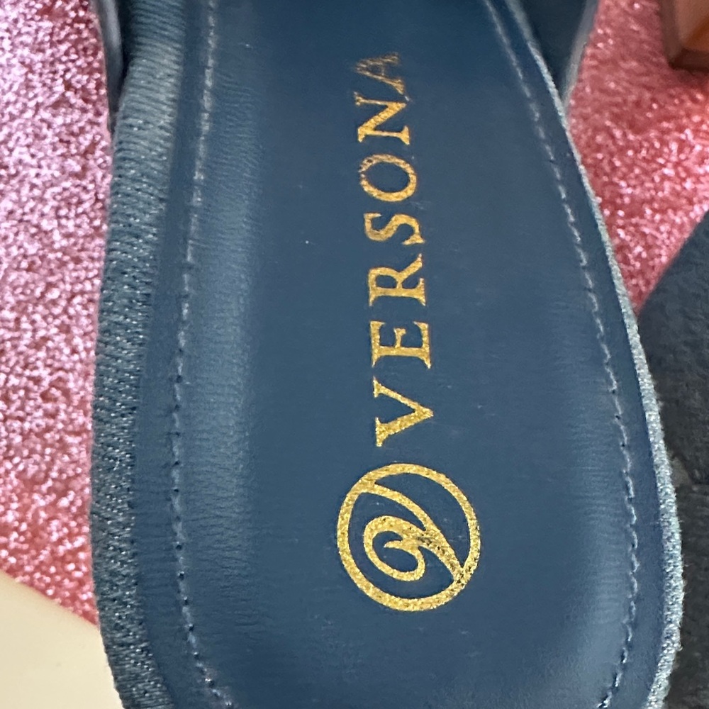 Versona Denim Blue Mules with Wooden Heel - Picture 2 of 4